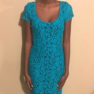 NY&CO Eva Mendes Lace Turquoise Black Midi Dress